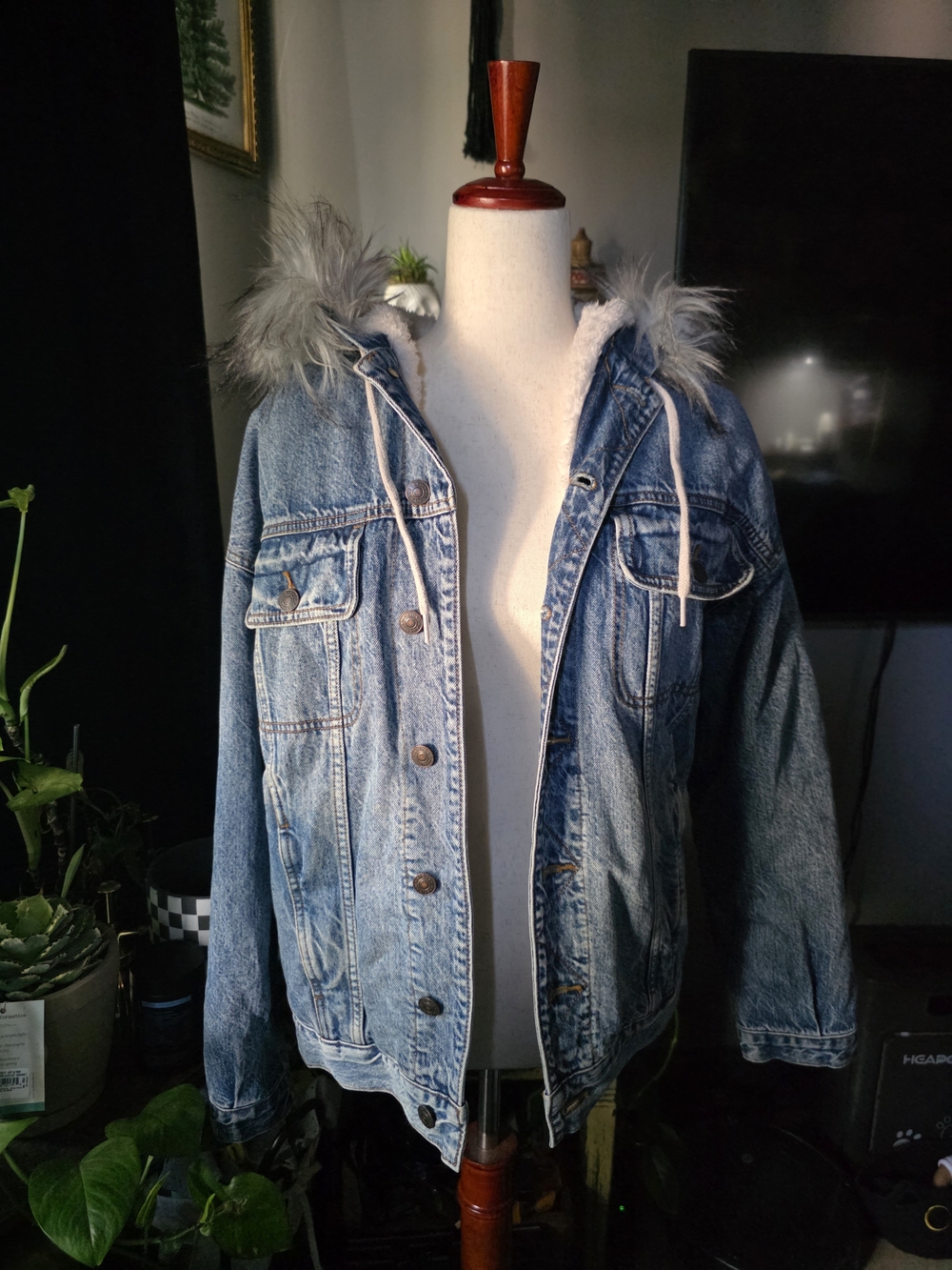 American Eagle Denim Sherpa-Lined Hooded Jacket with Faux Fur Trim - Blue